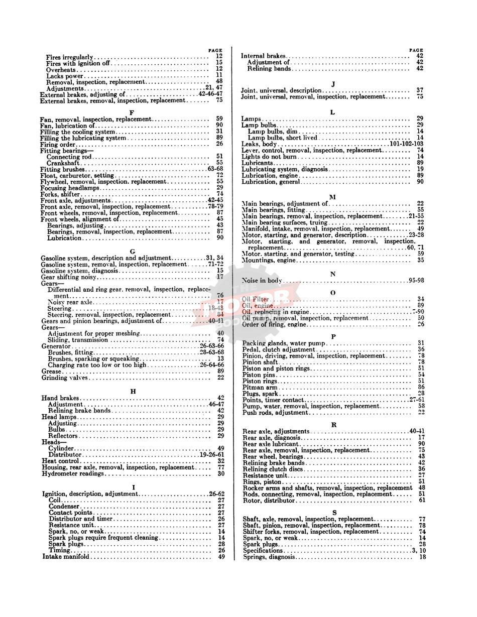 1927 Buick Shop Manual  - Table of Contents 2