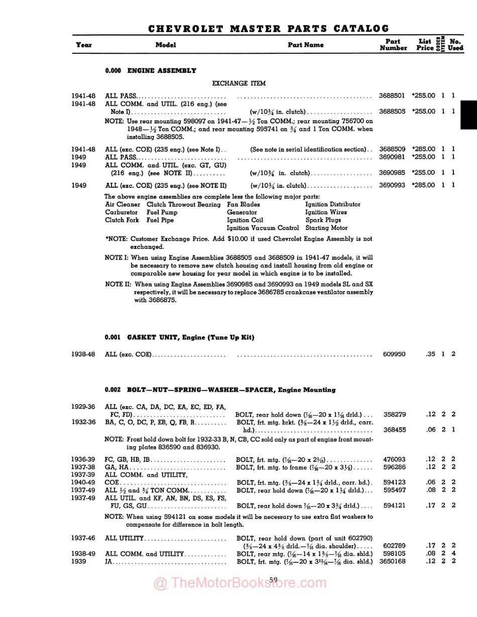 1929 - 1949 Chevrolet Master Parts (Six-Cylinder Models) Catalog - Sample Page - Text