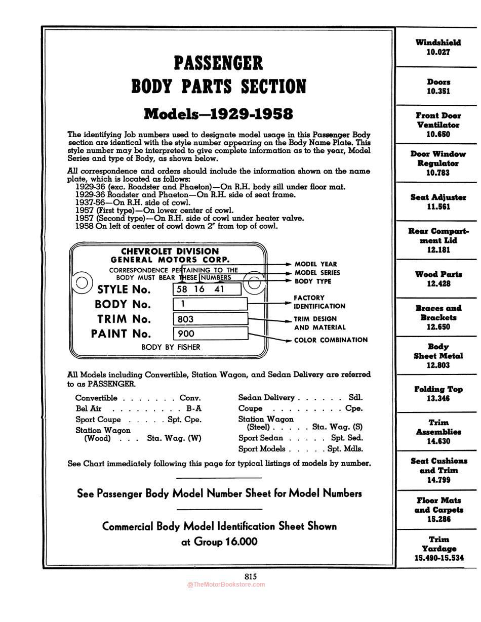 1929 - 1958  Ford Chevrolet Parts & Accessories Catalog - Volume 2 Contents
