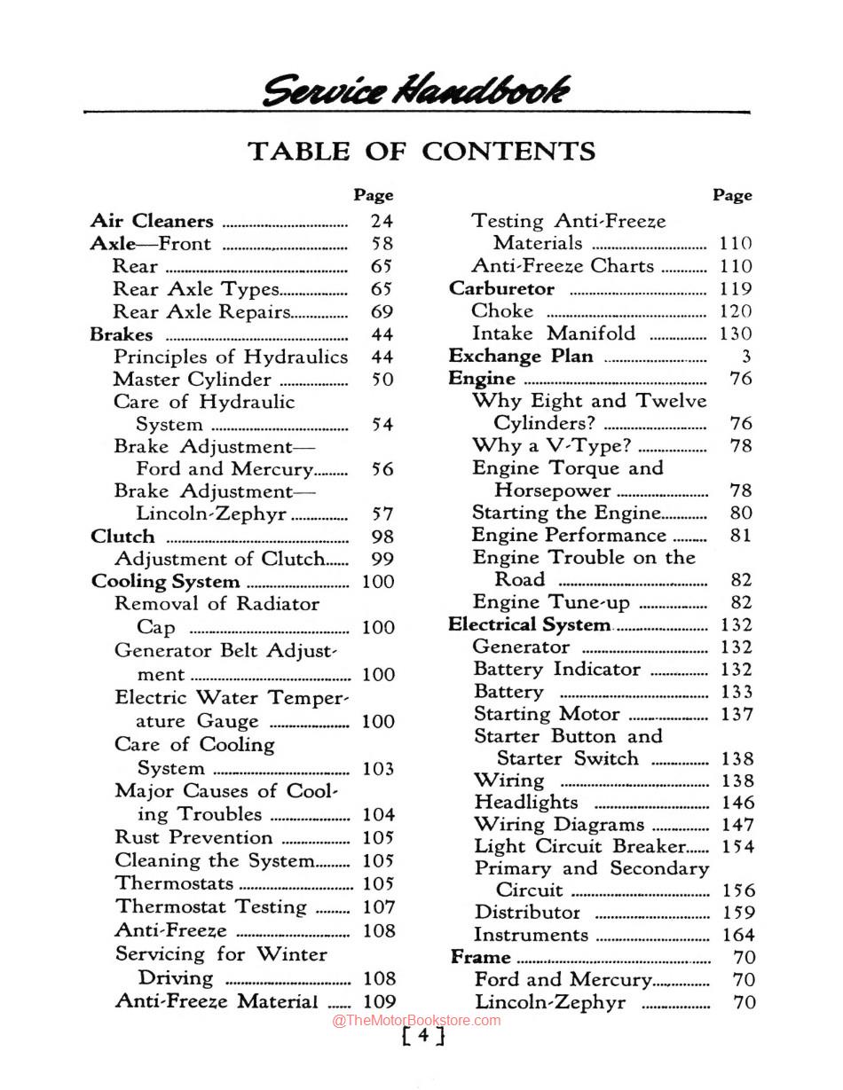 1932 - 1941 Ford & Mercury Service Manual Table Of Contents - Page 1