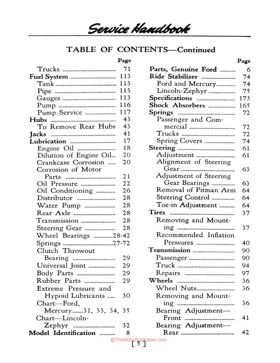 1932 - 1941 Ford & Mercury Service Manual Table Of Contents - Page 2