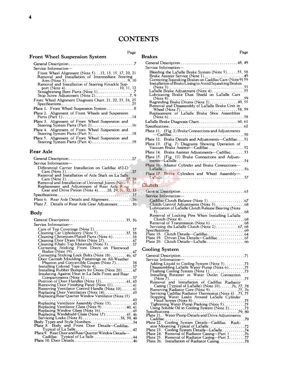 1934-1935 Cadillac / LaSalle Shop Manual  - Table of Contents 1