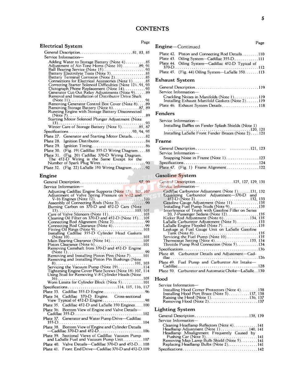 1934-1935 Cadillac / LaSalle Shop Manual  - Table of Contents 2