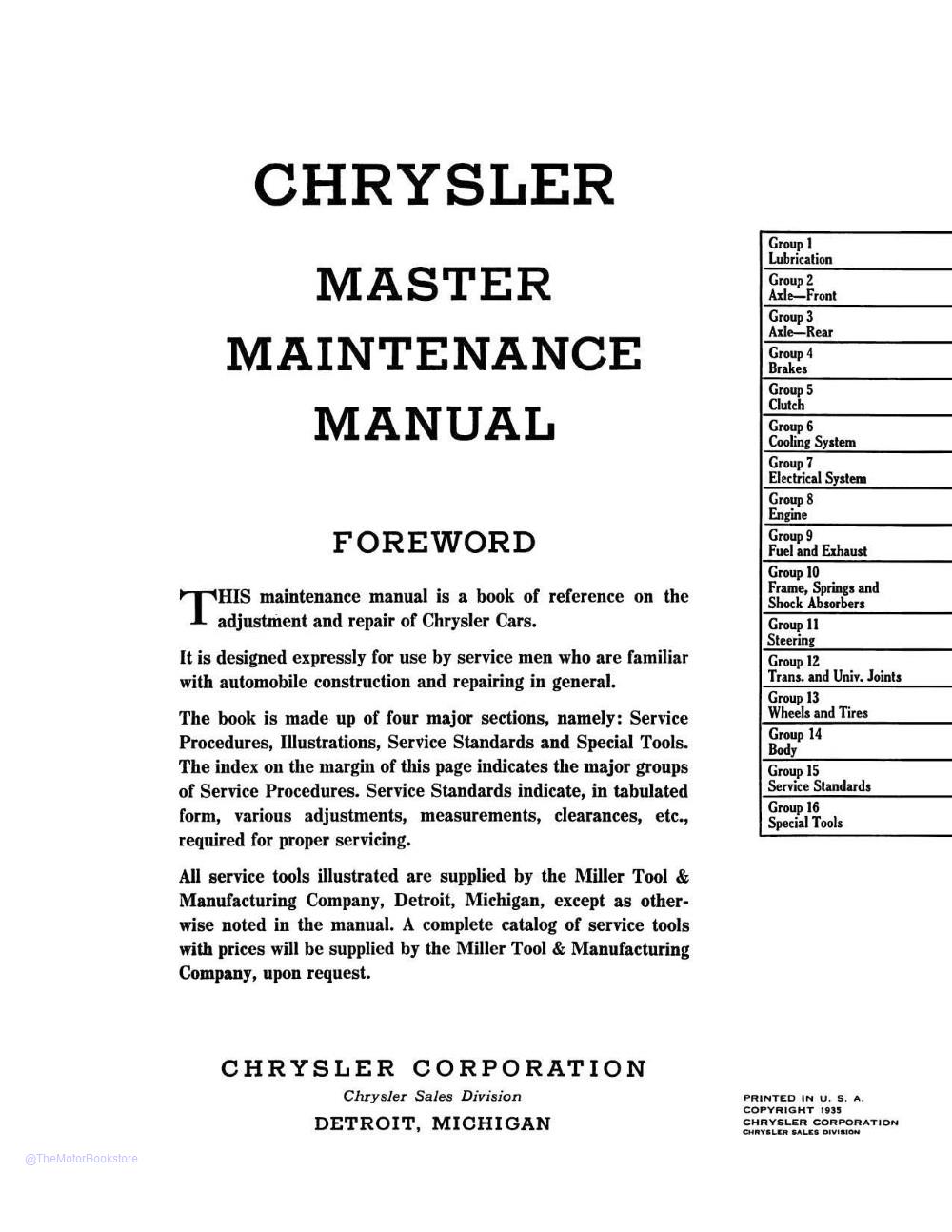 1934-1936 Chrysler Shop Manual - Table of Contents 1934-1936 Chrysler Shop Manual - Table of Contents