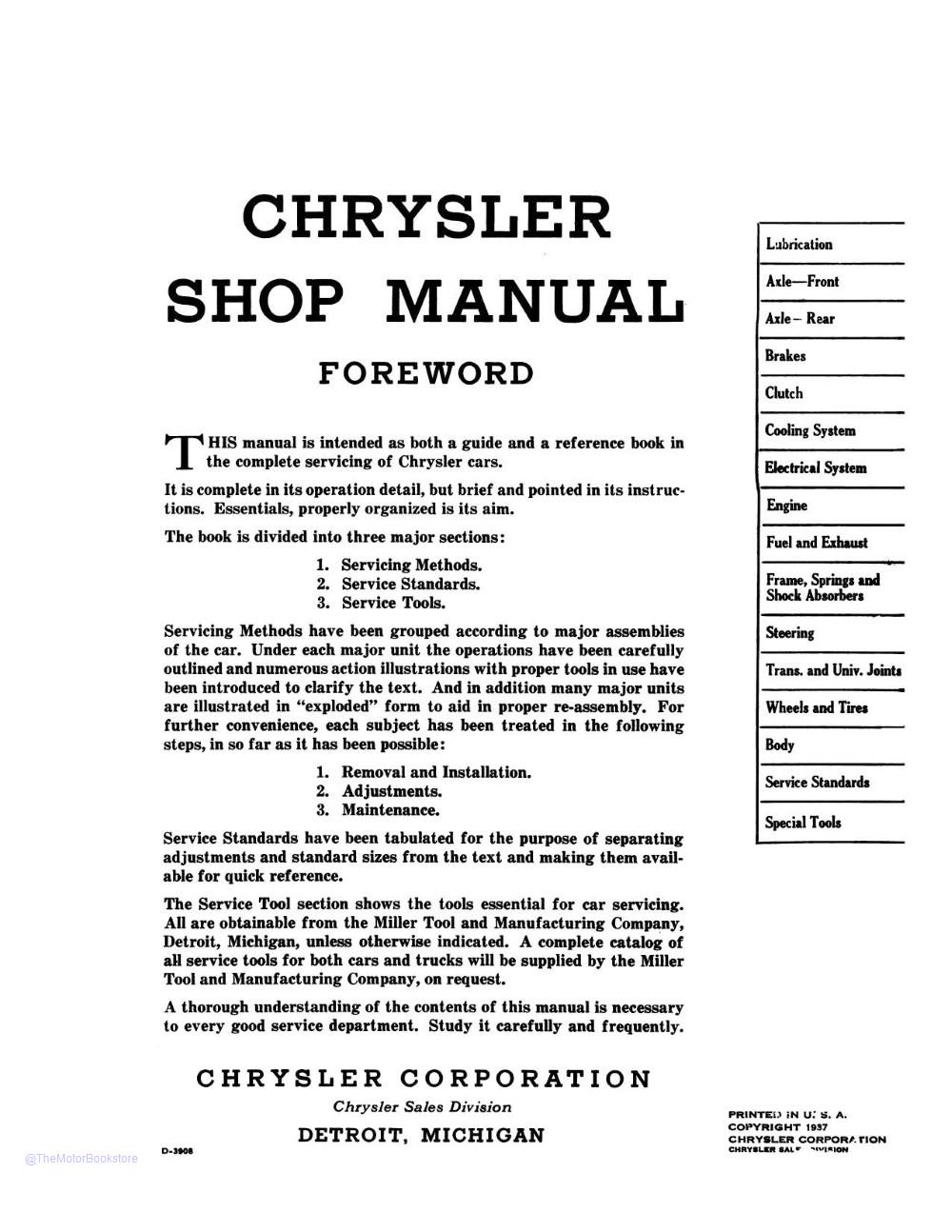 1937 Chrysler Shop Manual  - Table of Contents