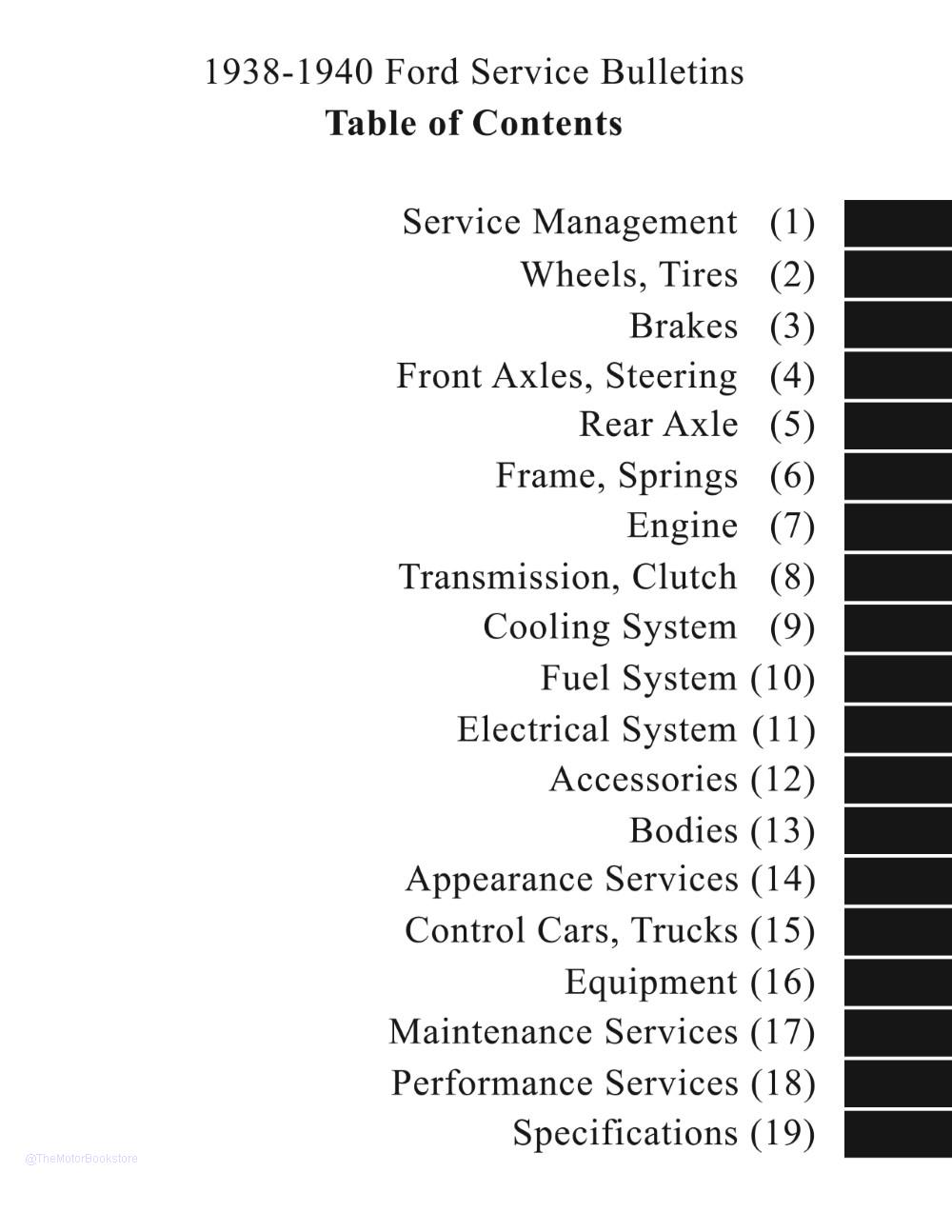 1938 - 1940 Ford Service Bulletins  - Table of Contents 1