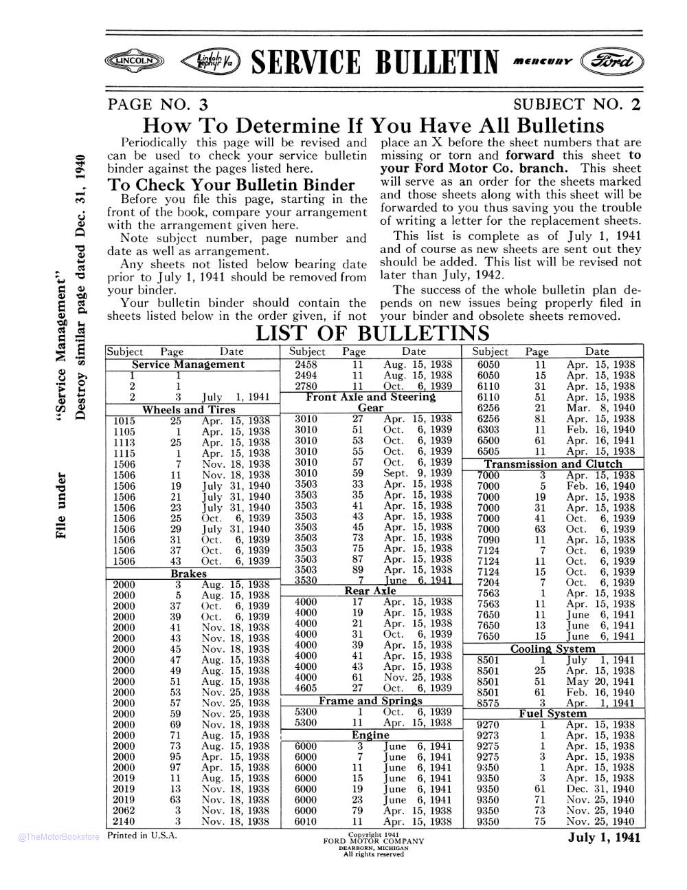 1938 - 1940 Ford Service Bulletins  - Table of Contents 2