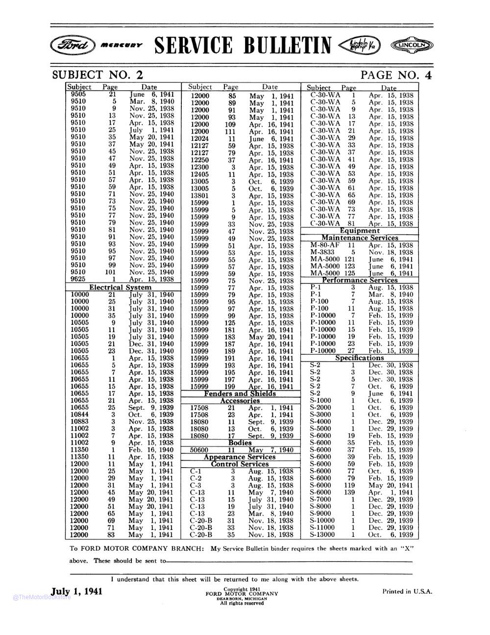 1938 - 1940 Ford Service Bulletins  - Table of Contents 3