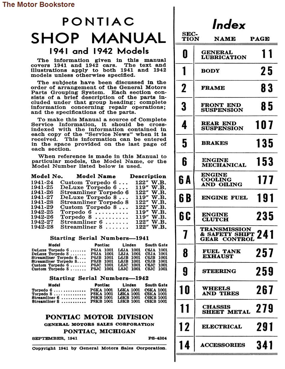 1941- 1942 Pontiac Shop Manual - Table of Contents