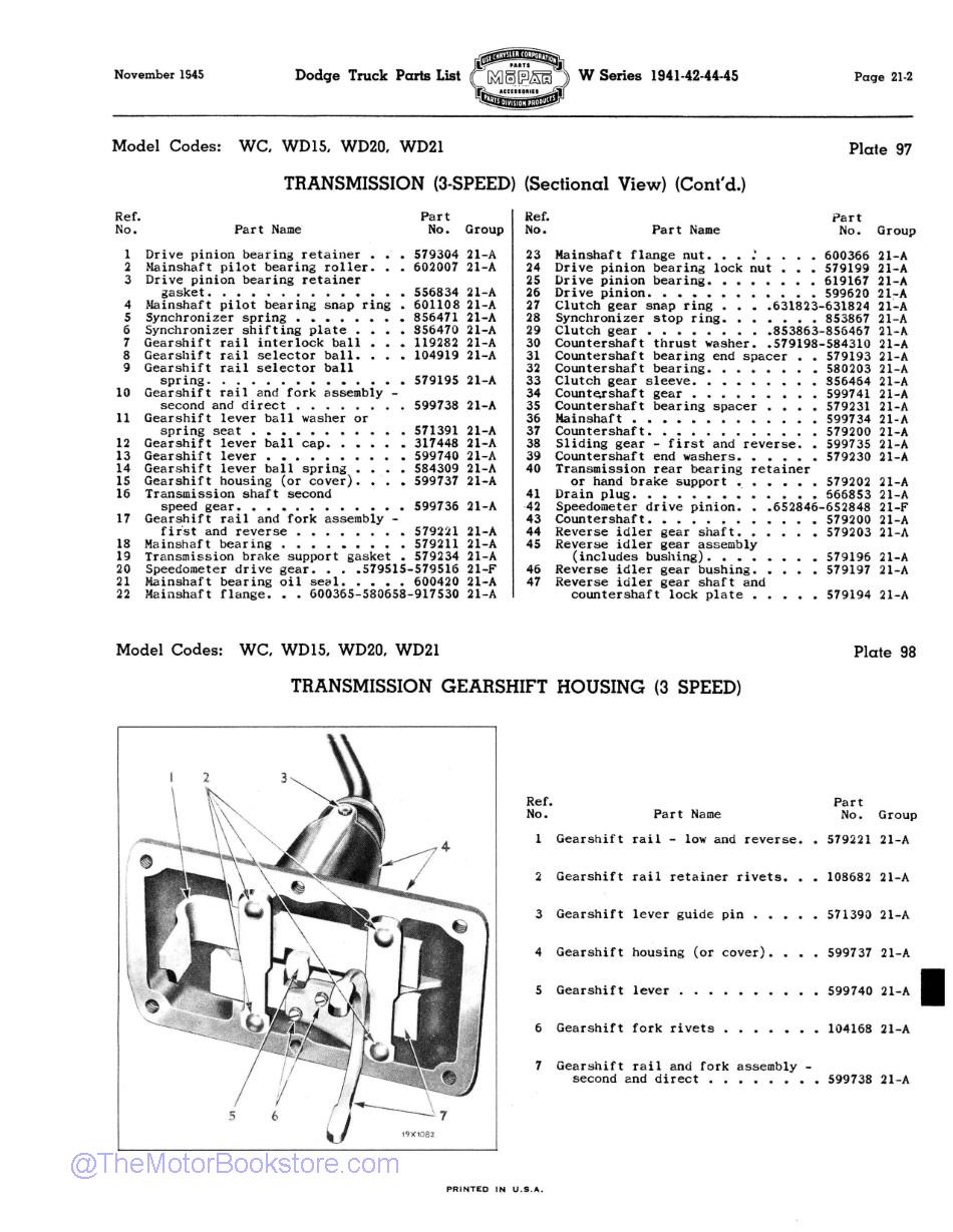 1941 - 1945 Dodge Truck Parts List - W Series Sample Page  - Transmission