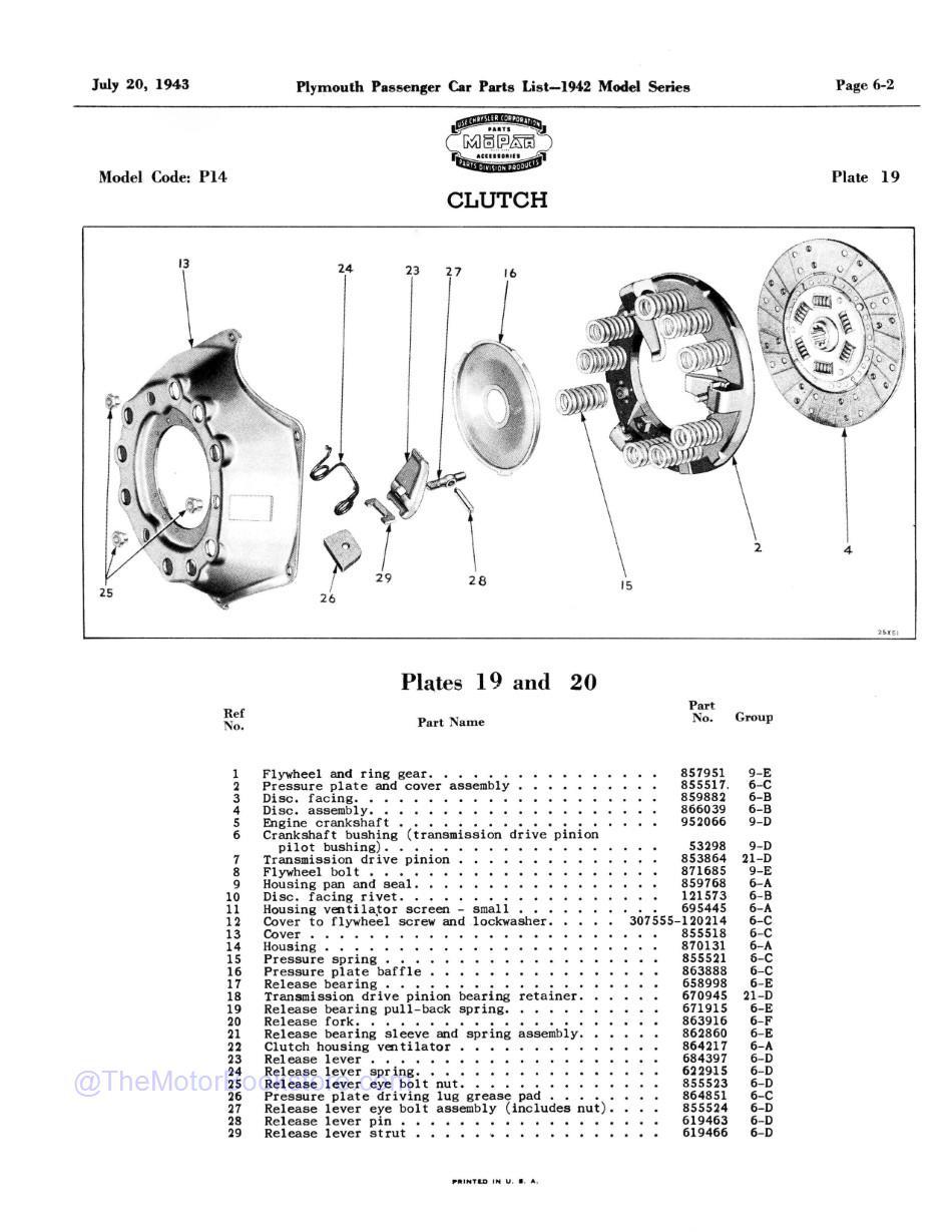 1942 Plymouth Passenger Car Parts List  Sample Page 2 - Clutch Parts