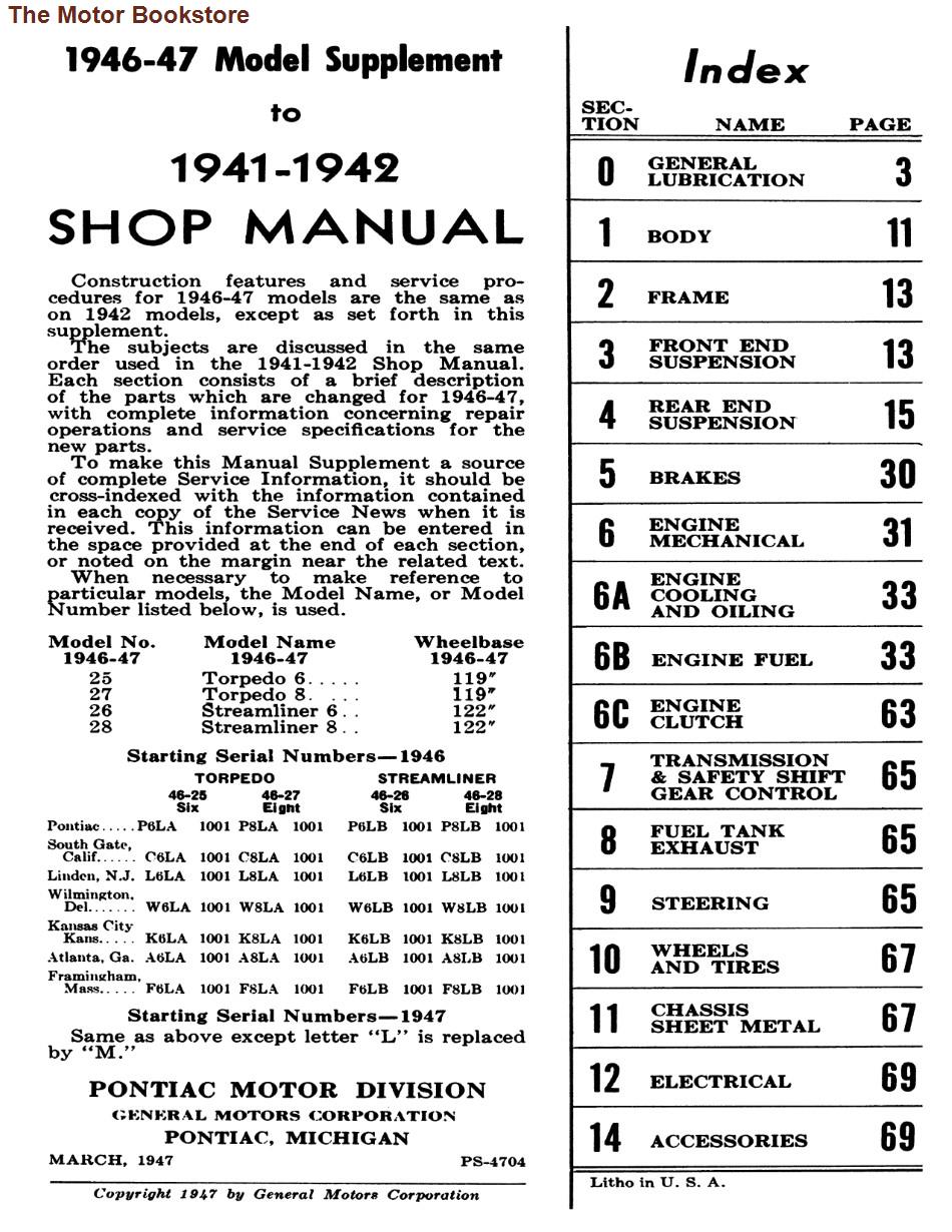 1946 - 1948 Pontiac Shop Manual Supplement - Table of Contents