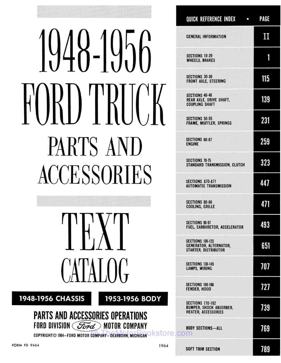 1948 - 1956 Ford Truck Parts & Accessories Text & Illustrations Catalog Set  - Table of Contents 1