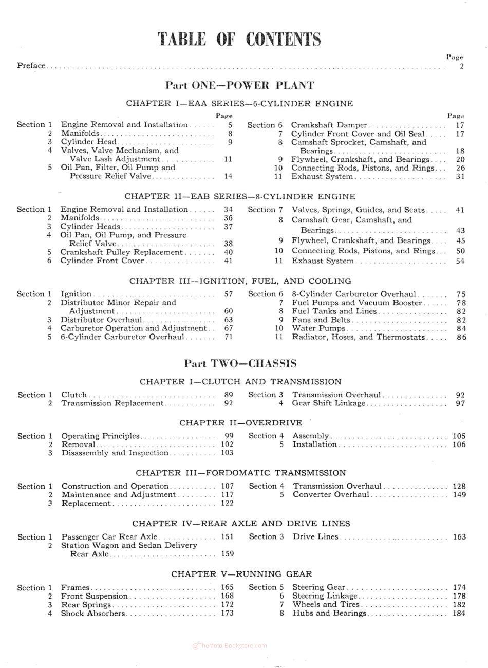 1952-1954 Ford Passenger Car Shop Manual - Table of Contents Page 1