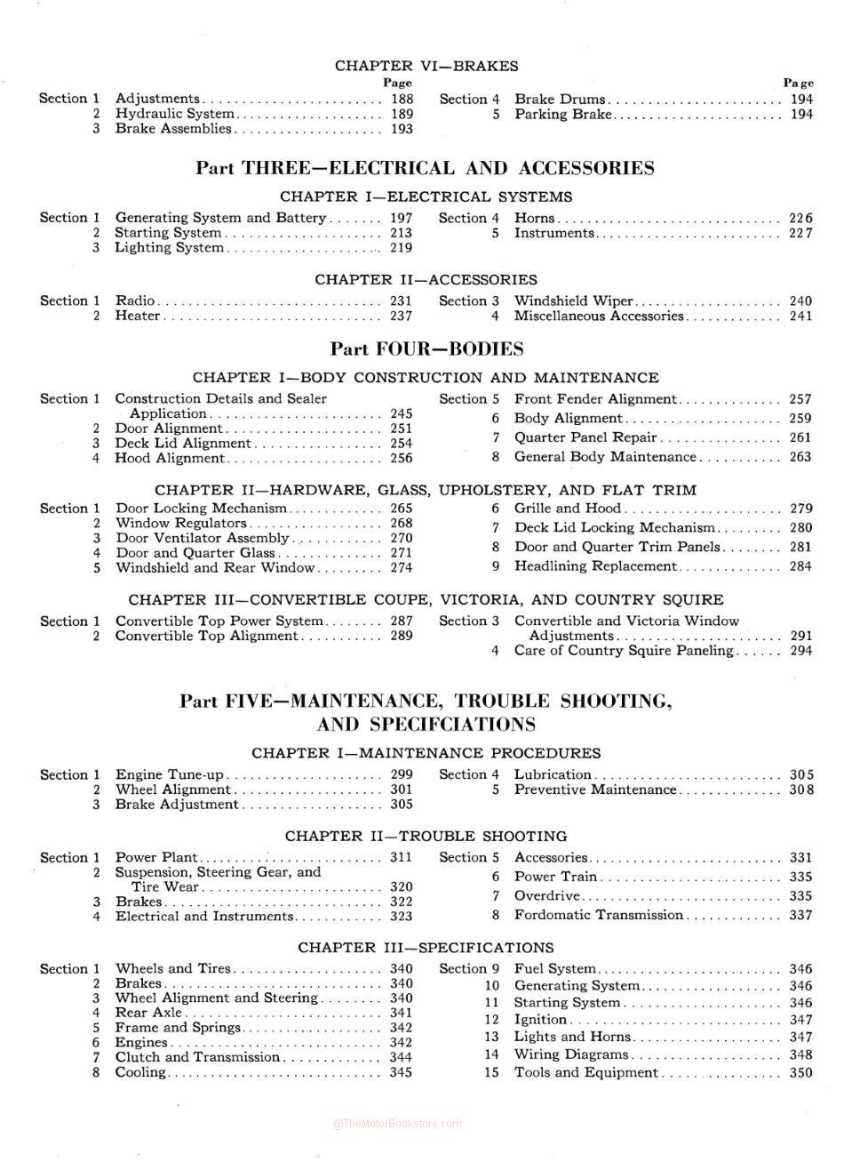 1952-1954 Ford Passenger Car Shop Manual - Table of Contents Page 2