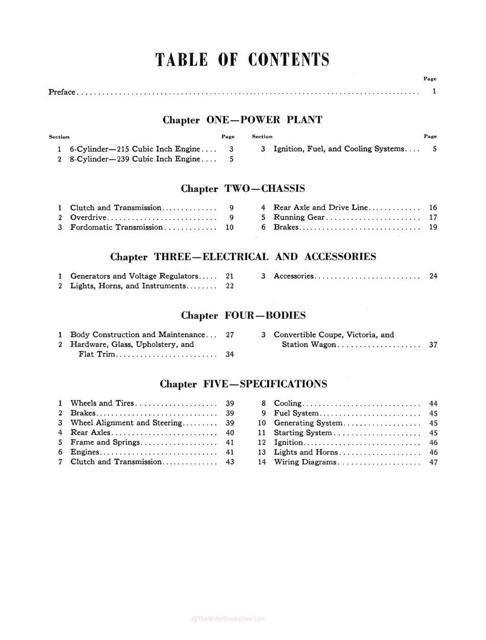 1952-1954 Ford Passenger Car Shop Manual - Table of Contents Page 3