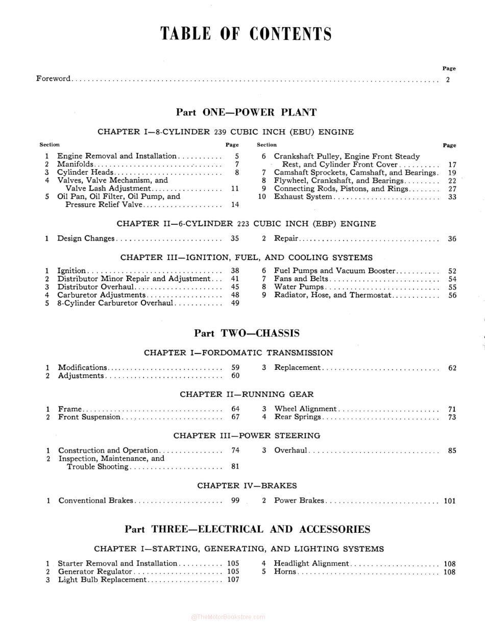 1952-1954 Ford Passenger Car Shop Manual - Table of Contents Page 4