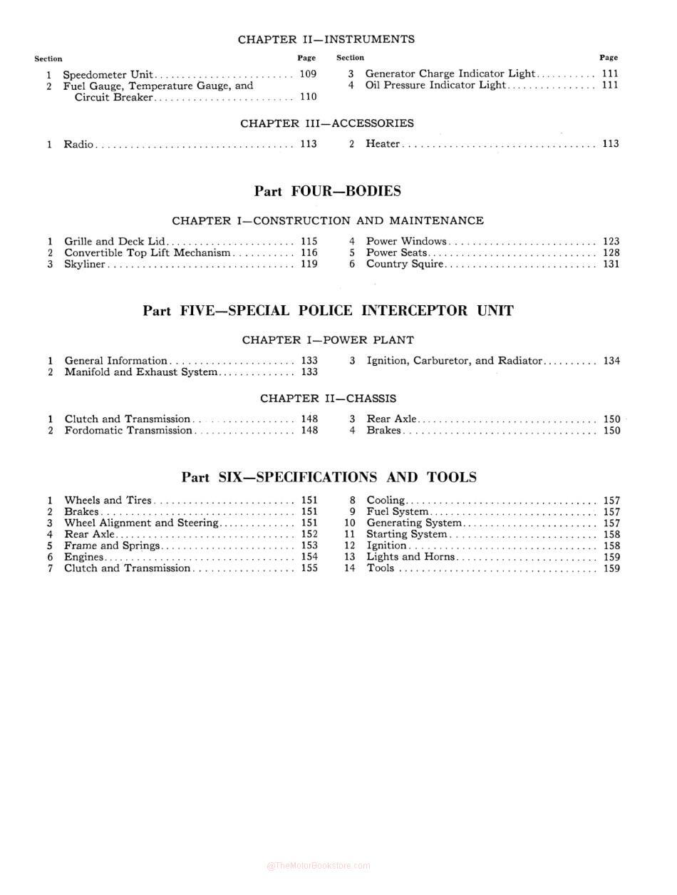 1952-1954 Ford Passenger Car Shop Manual - Table of Contents Page 5