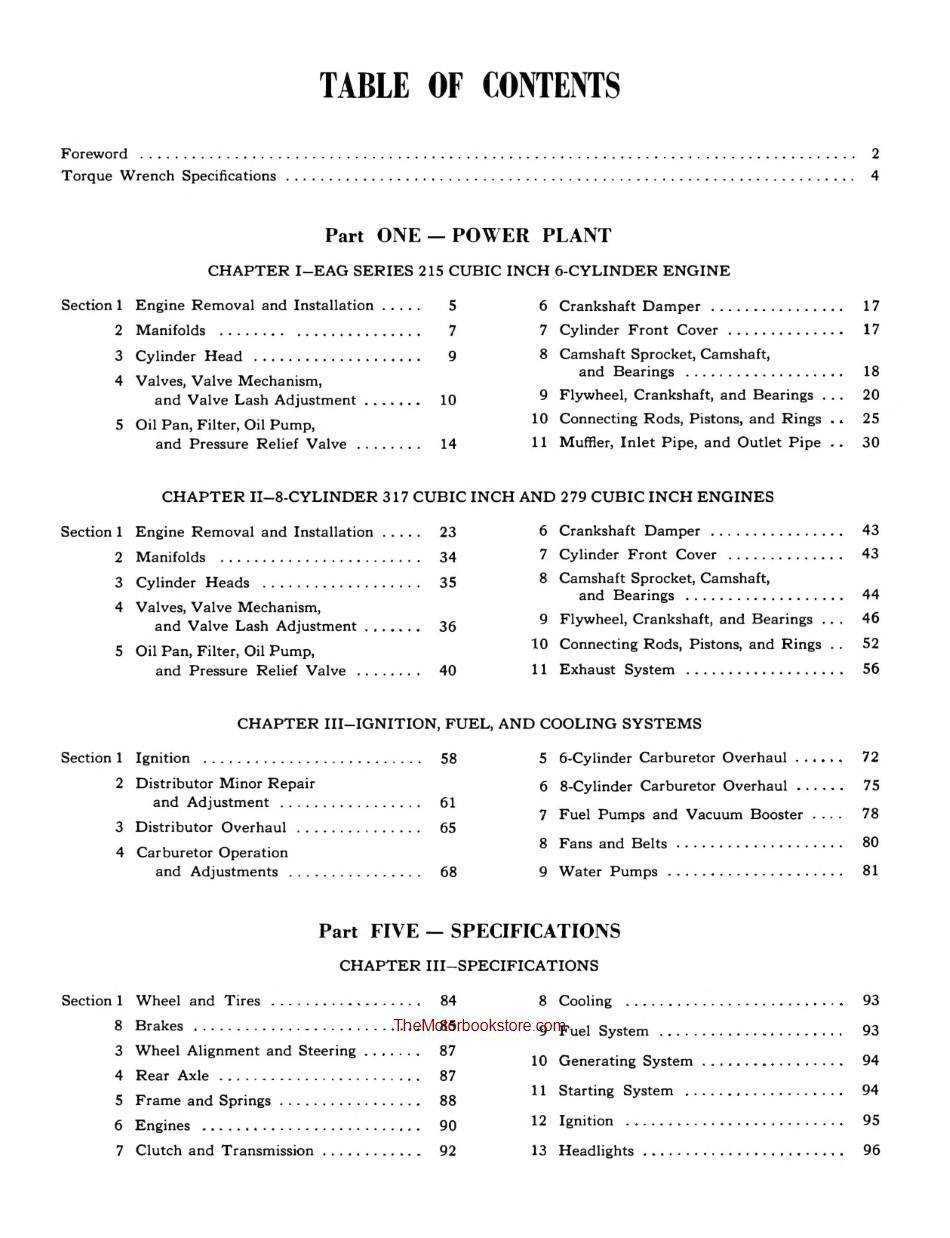1952 Ford F-Series Truck Shop Manual Supplement - Table of Contents Page 3