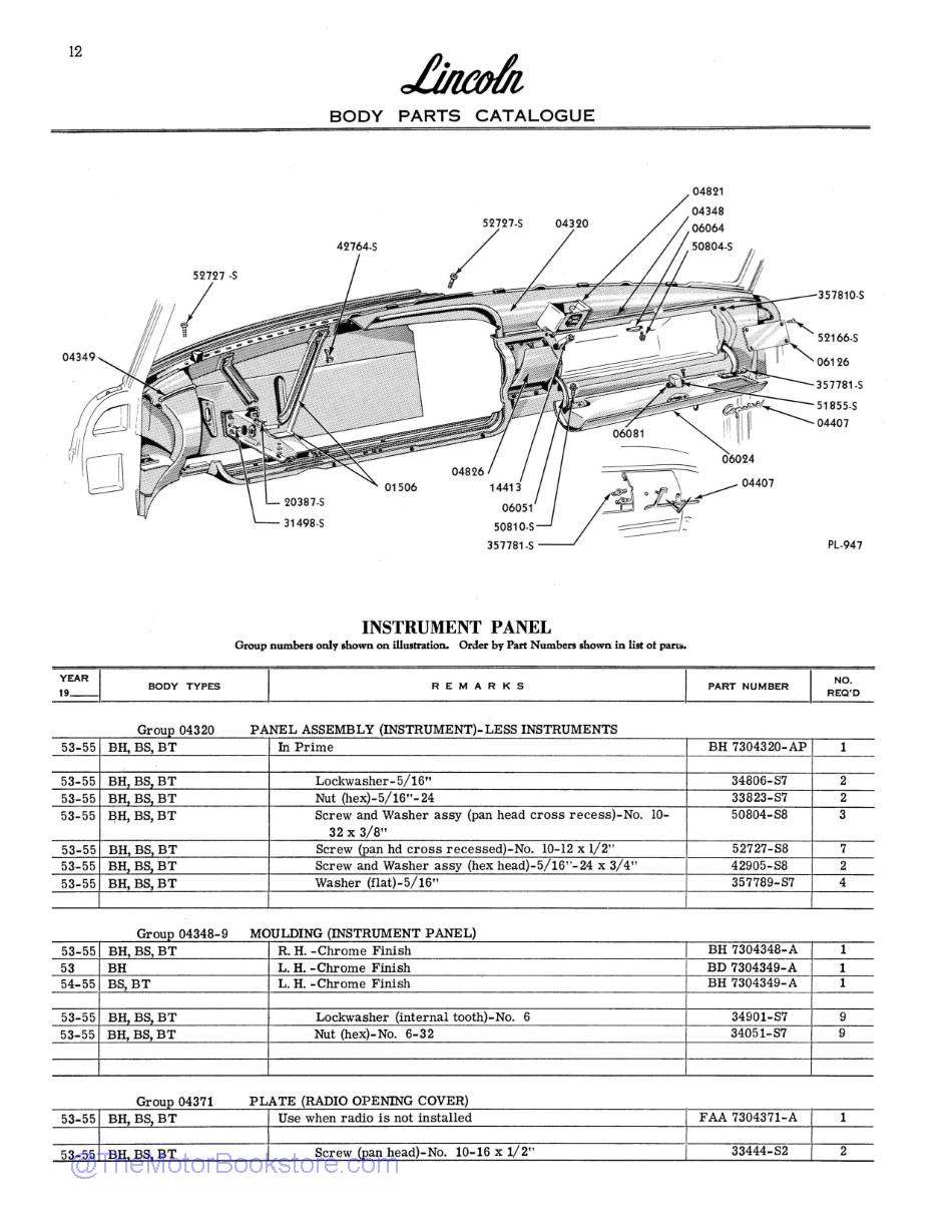 1953 - 1955 Lincoln Body Parts Catalog Sample Page  - Instrument Pane