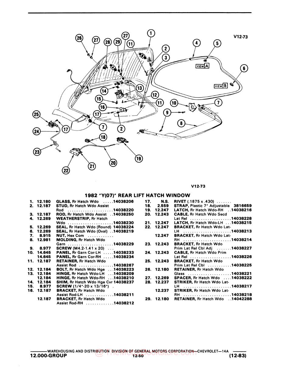 1953 - 1982 Corvette Parts & Illustration Catalog Set - Sample Page - Illustration - 1982 Rear Lift Hatch Window