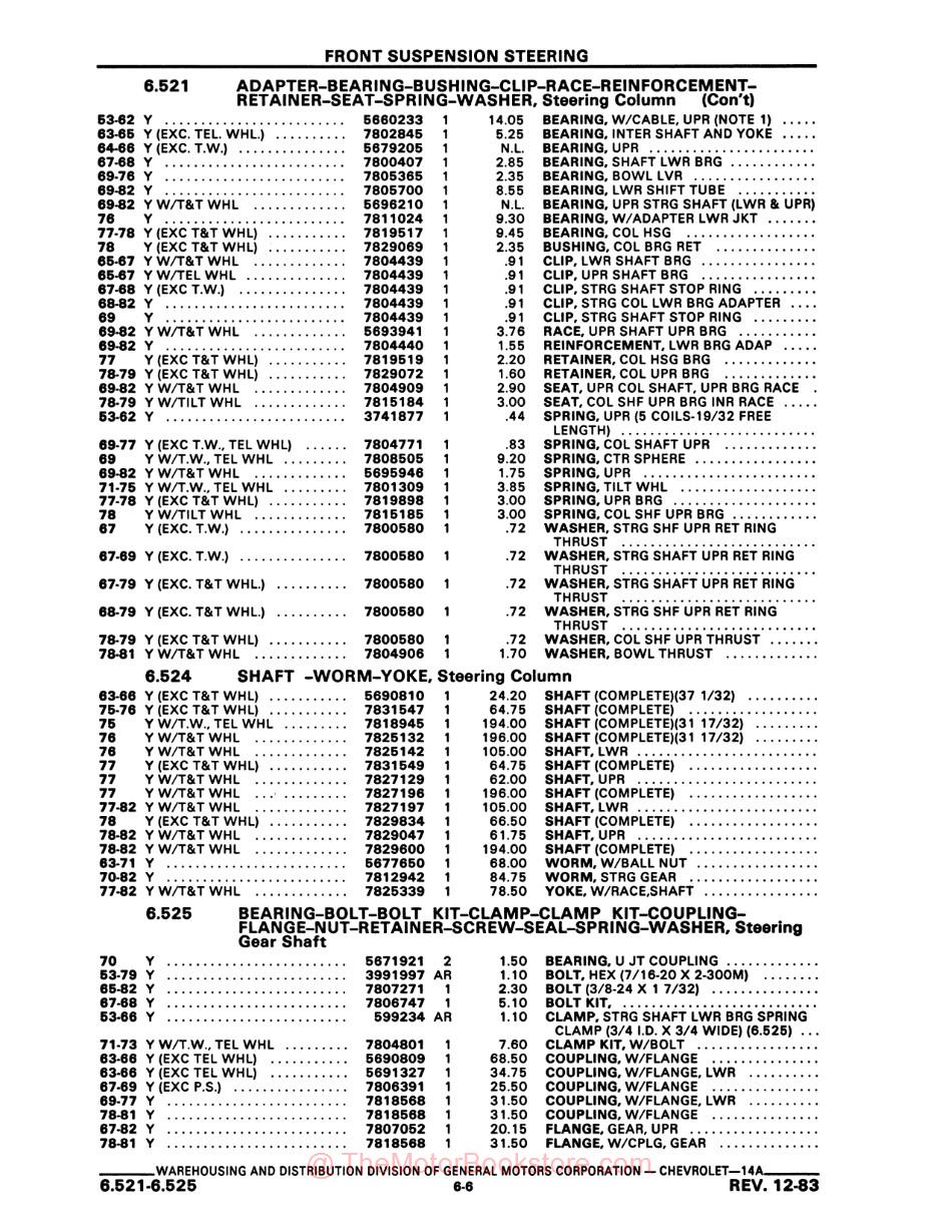 1953 - 1982 Corvette Parts & Illustration Catalog Set - Sample Page - Text - Steering