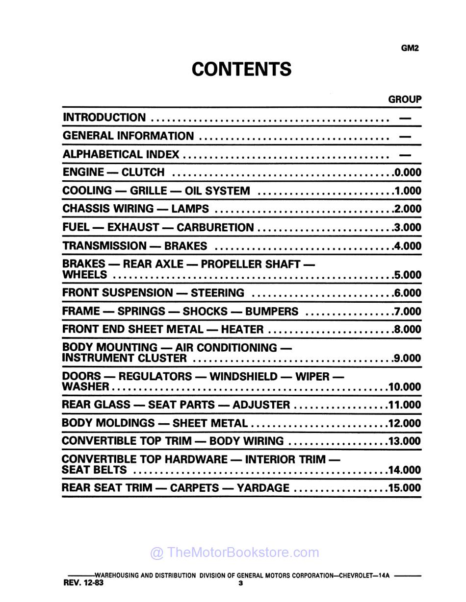 1953 - 1982 Corvette Parts & Illustration Catalog Set  - Table of Contents 1