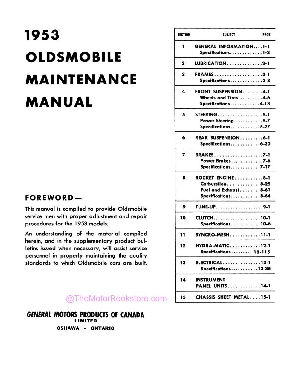 1953 Oldsmobile Canadian Maintenance Manual
