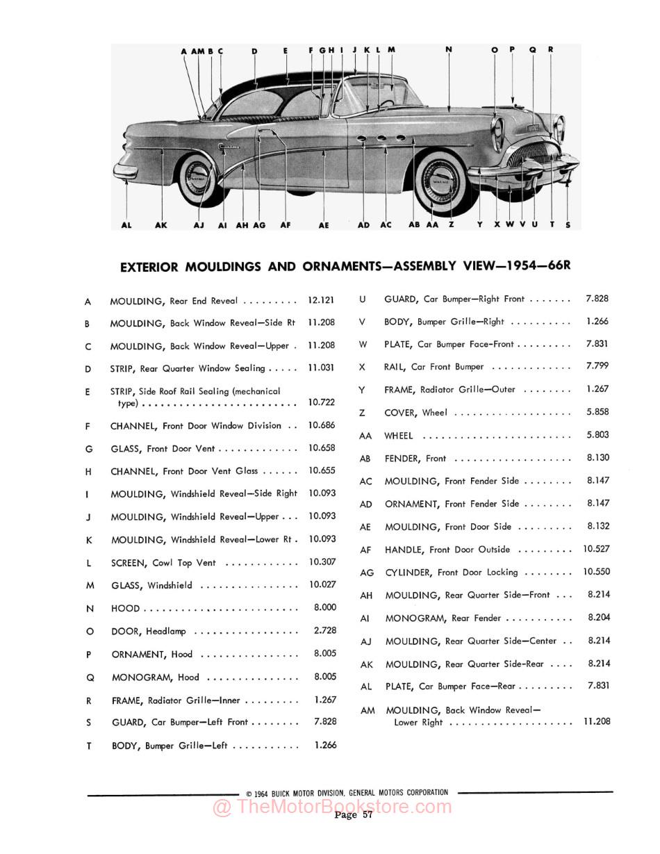 1954 - 1964 Buick Dealer Master Body Parts Book Catalog - Sample Page - Assembly View -  1954 - 66R