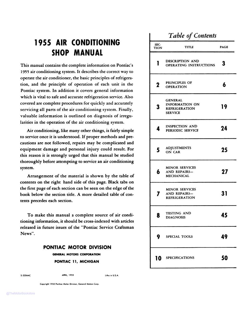 1955 Pontiac Air Conditioning Shop Manual  - Table of Contents