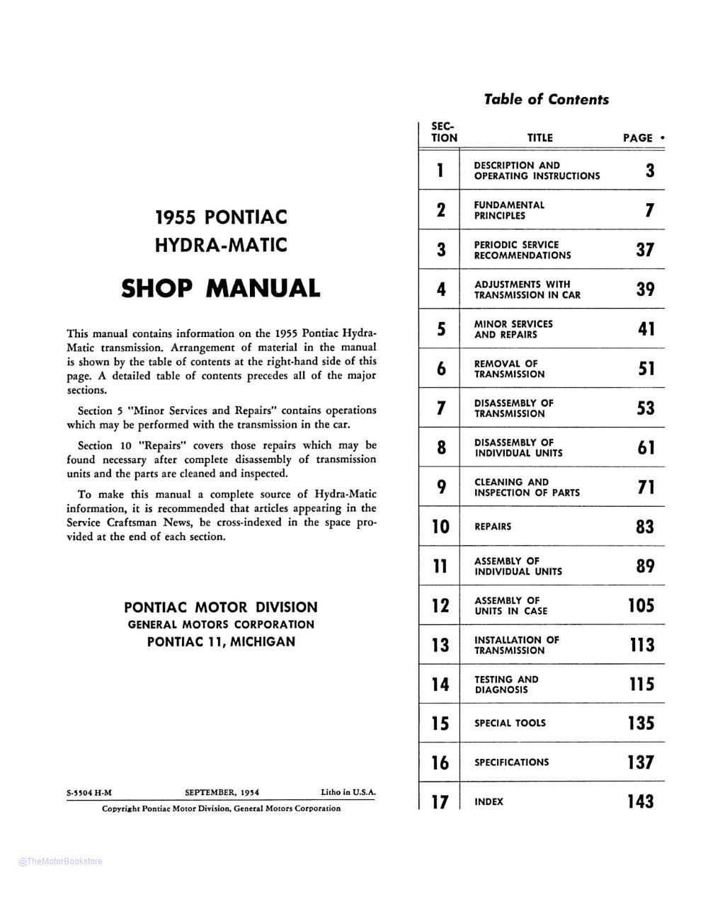 1955 Pontiac Hydra-Matic Drive Shop Manual  - Table of Contents