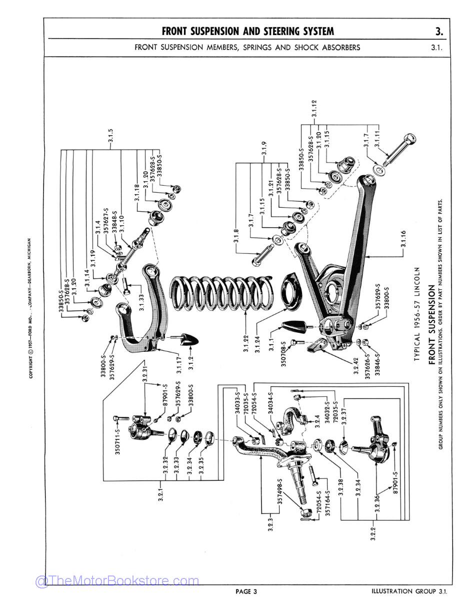 1956 - 1958 Lincoln Chassis Parts Catalog Sample Page  - Front Suspension and Steering System