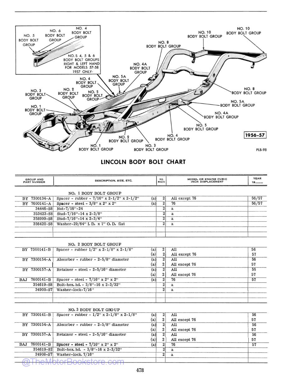 1956 - 1959 Lincoln Master Parts Catalog Sample Page  - Body Bolt Chart