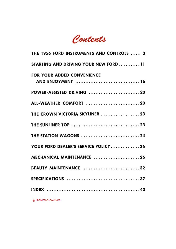 1956 Ford Owner's Manual - Table of Contents