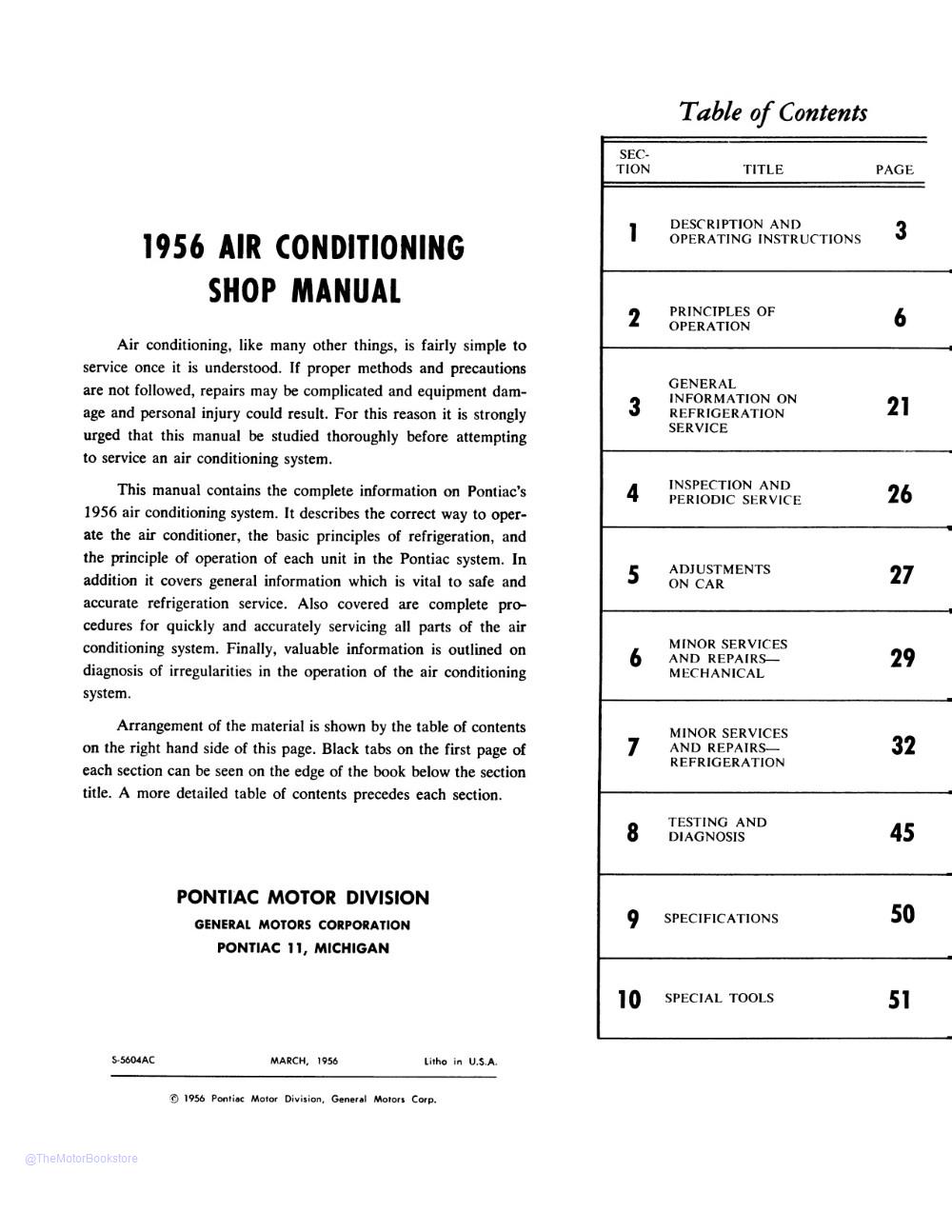 1956 Pontiac Air Conditioning Shop Manual  - Table of Contents