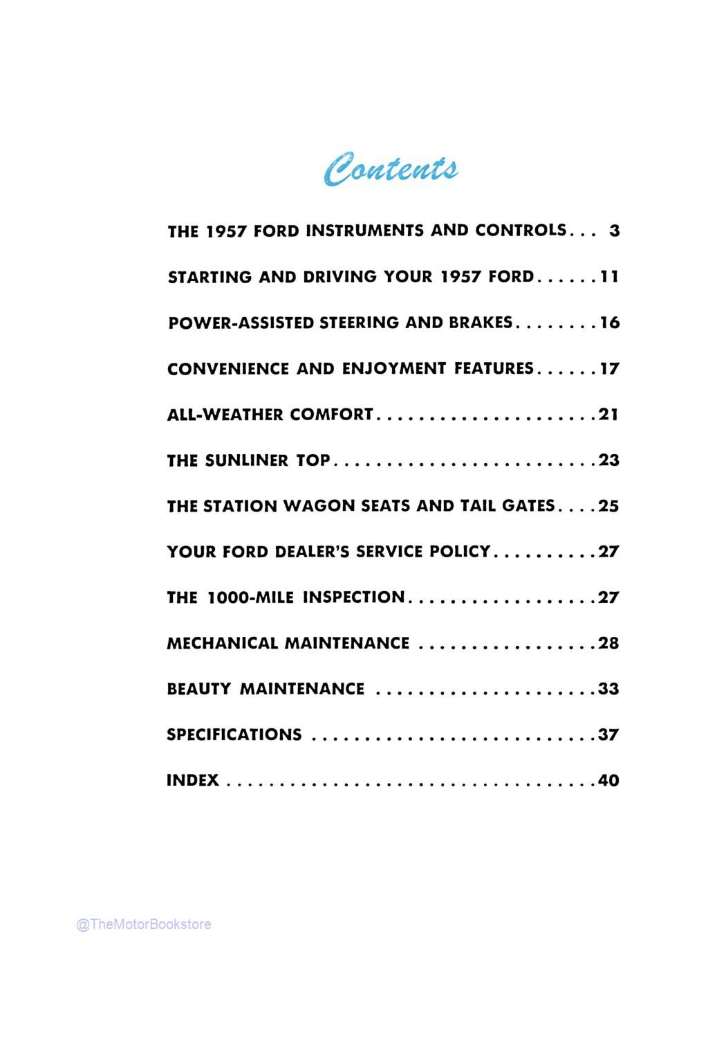 1957 Ford Car Owner's Manual - Table of Contents 1957 Ford Car Owner's Manual - Table of Contents