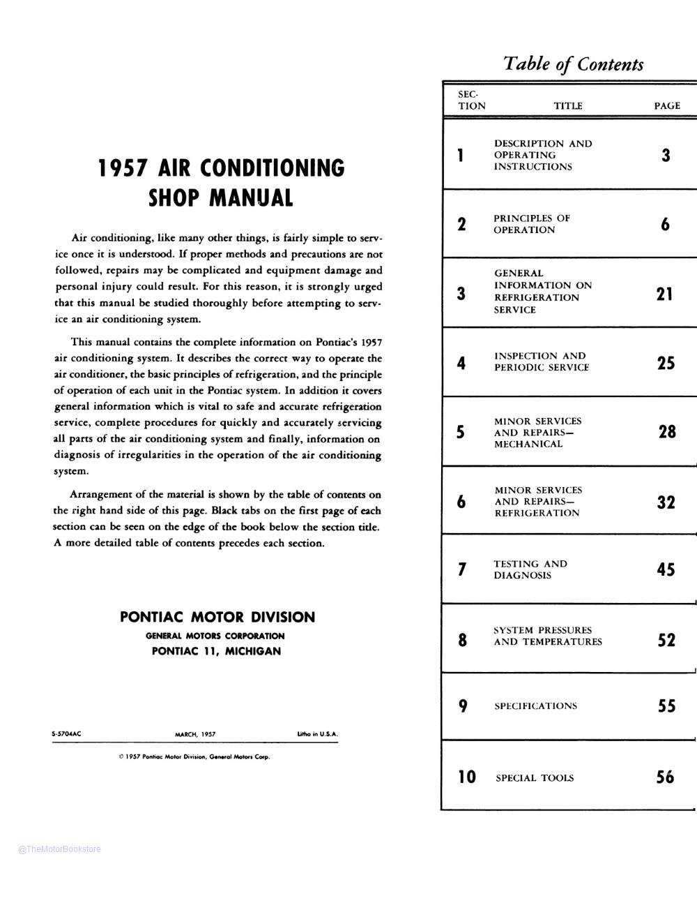 1957 Pontiac Air Conditioning Manual  - Table of Contents