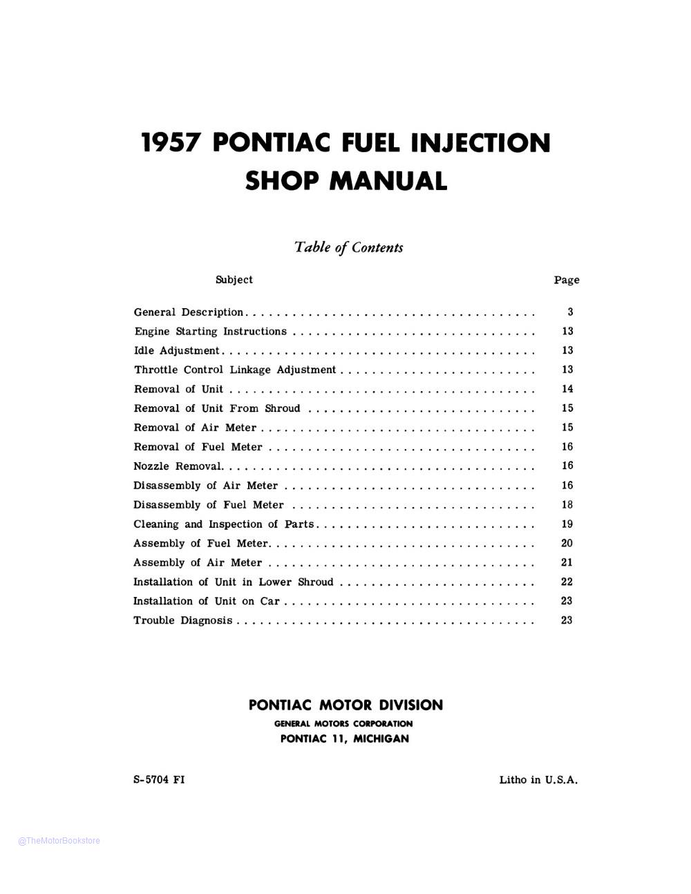 1957 Pontiac Fuel Injection Manual  - Table of Contents