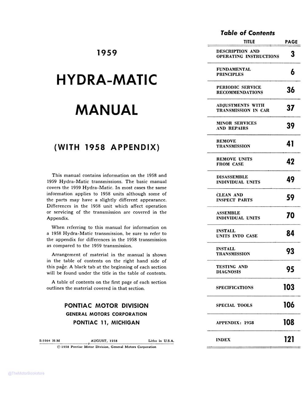 1958 - 1959 Pontiac Hydra-Matic Manual  - Table of Contents