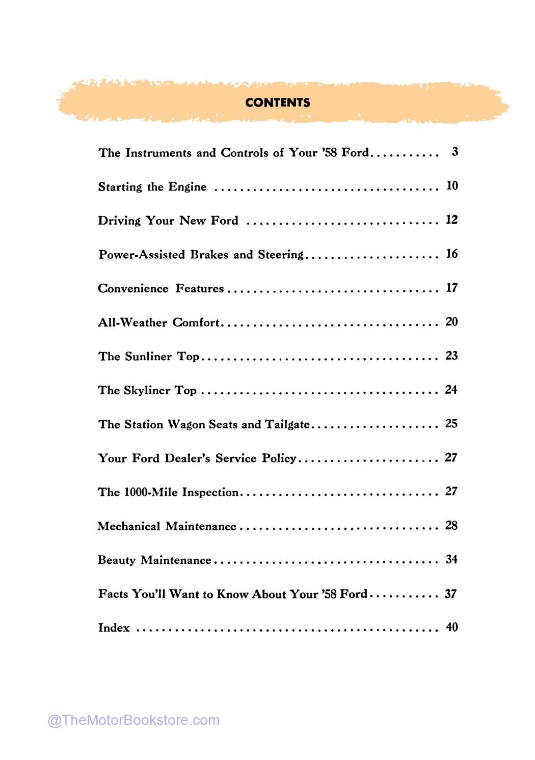 1958 Ford Owner's Manual - Table of Contents 1958 Ford Owner's Manual - Table of Contents