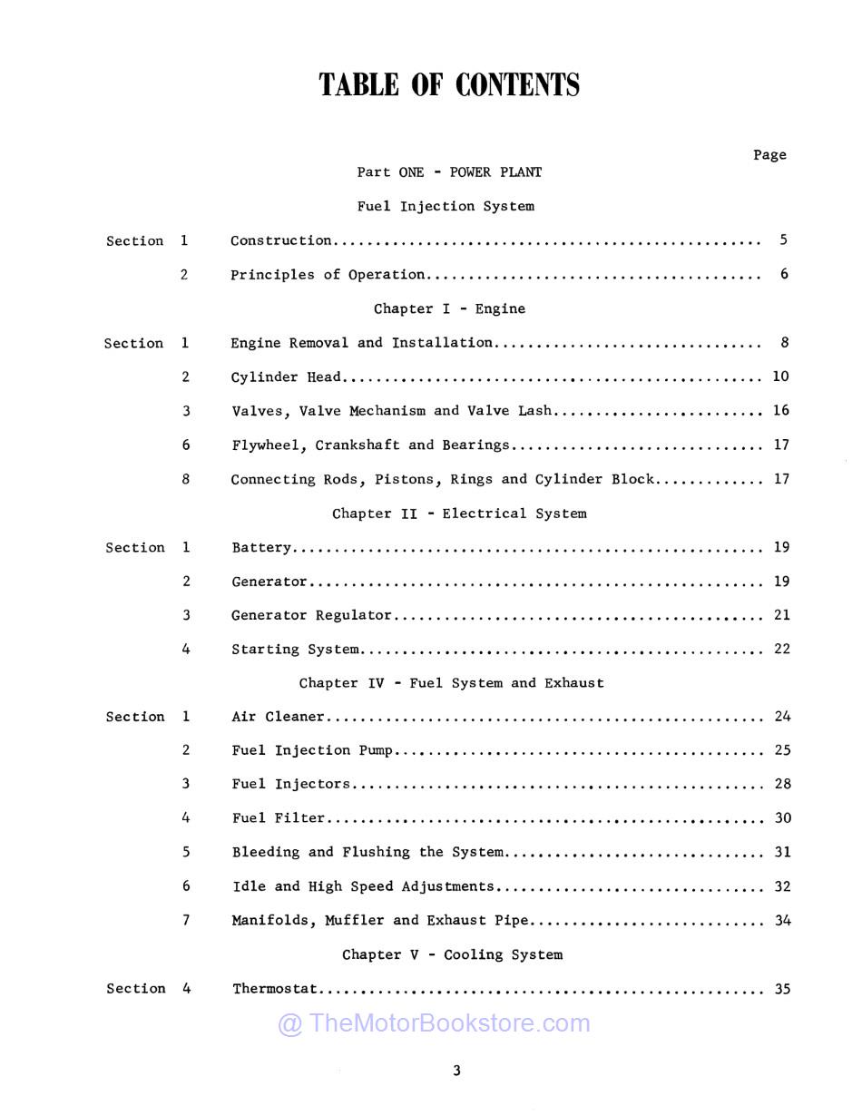 1958 Ford Tractor 801-D / 901-D Diesel Supplement  - Table of Contents 1