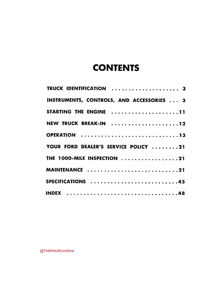 1958 Ford Truck Operator's Manual - Table of Contents