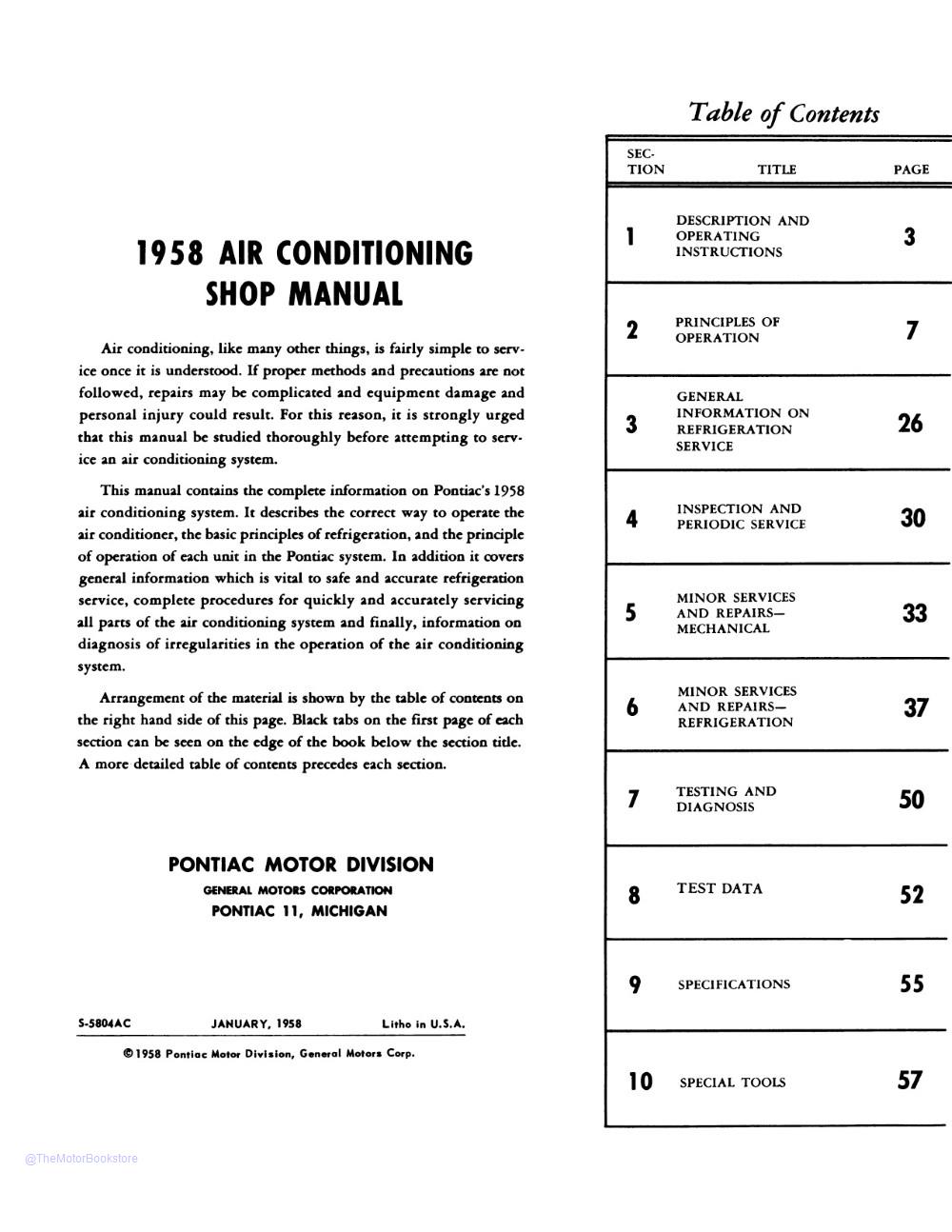 1958 Pontiac Air Conditioning Manual  - Table of Contents