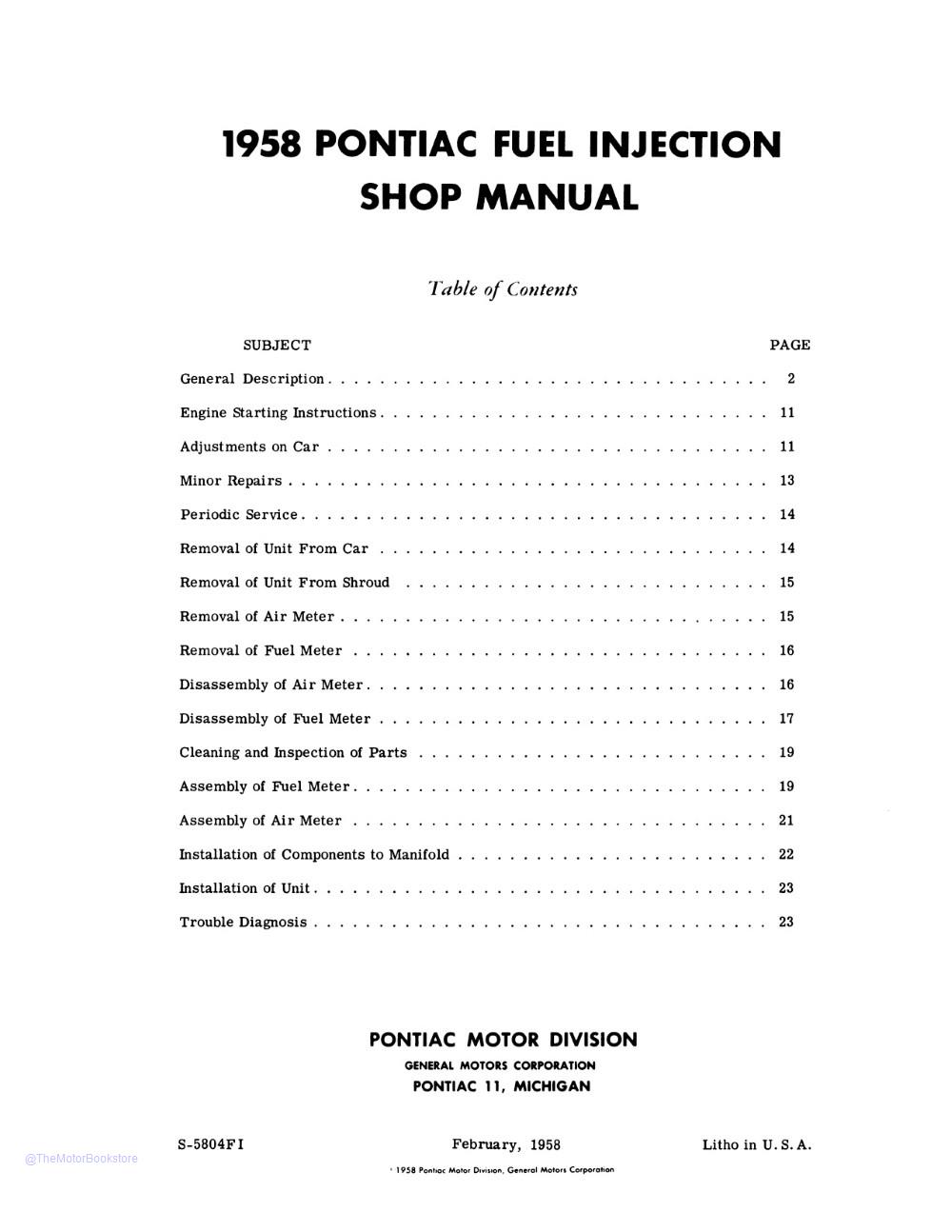 1958 Pontiac Fuel Injection Manual  - Table of Contents