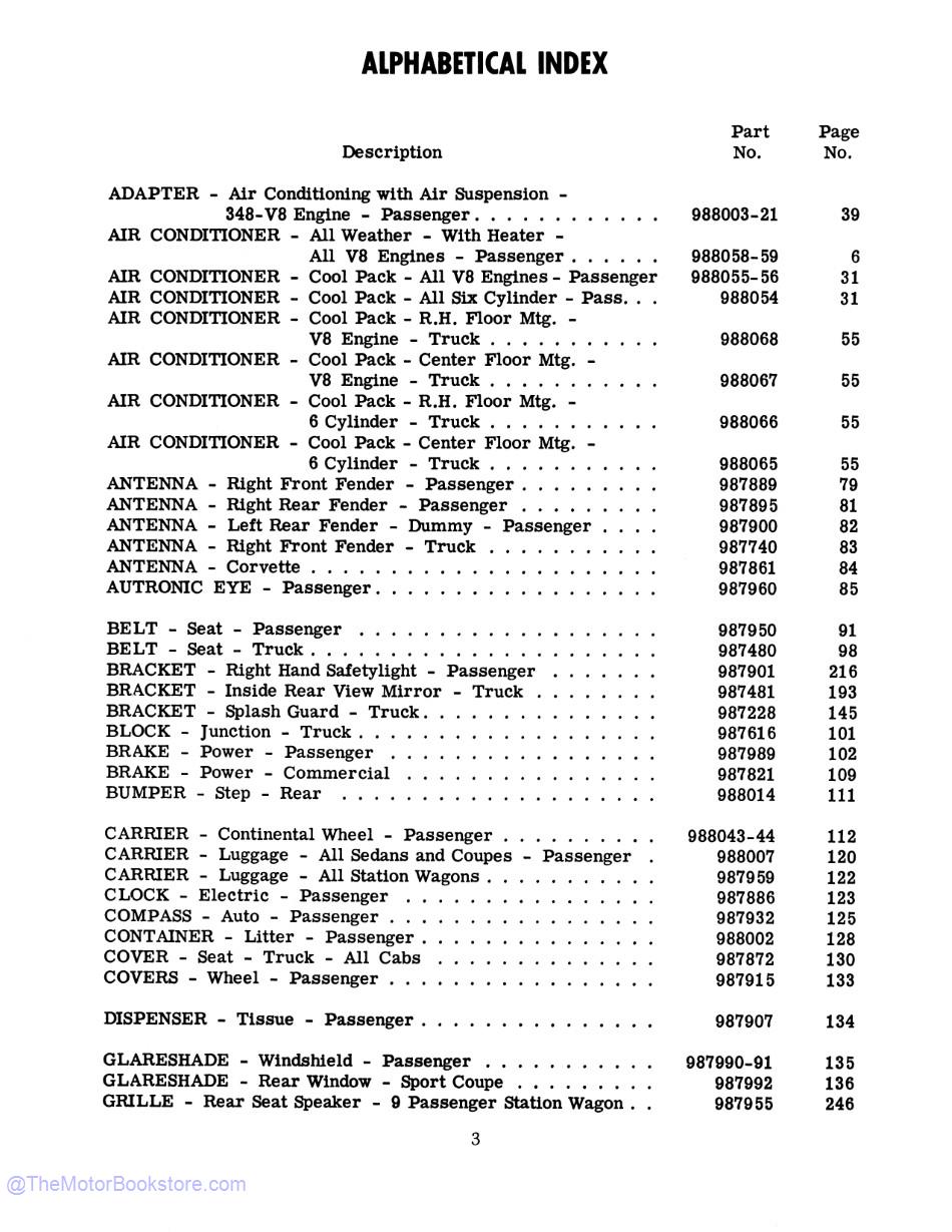 1959 Chevrolet Car and Truck Accessories Installation Reference Manual  - Table of Contents 1