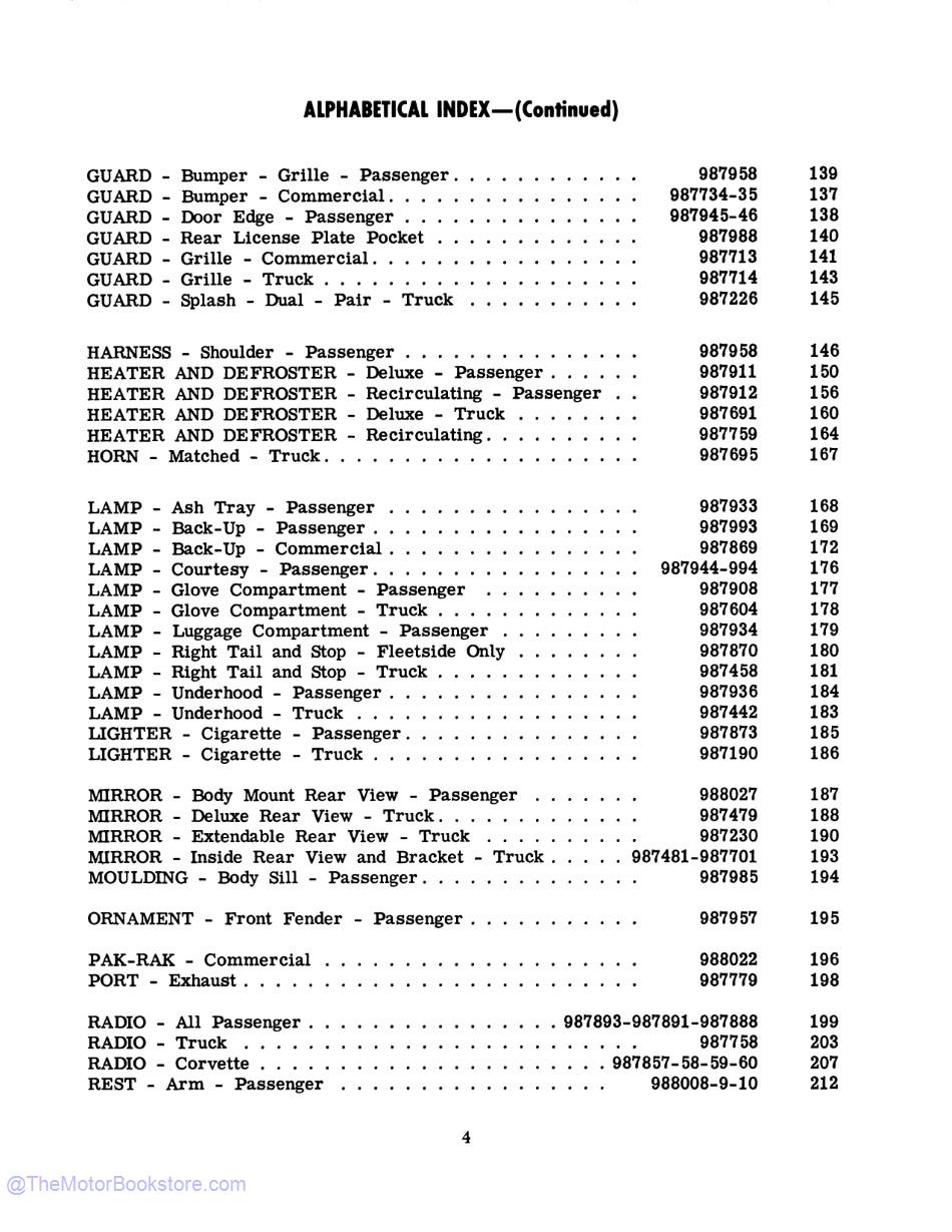 1959 Chevrolet Car and Truck Accessories Installation Reference Manual  - Table of Contents 2