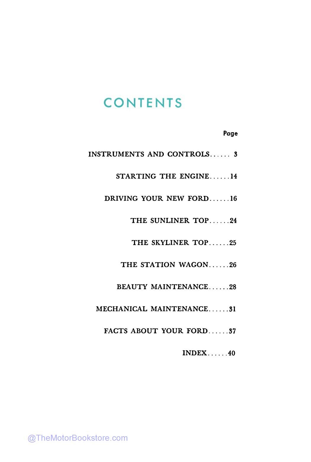 1959 Ford Car Owner's Manual  - Table of Contents