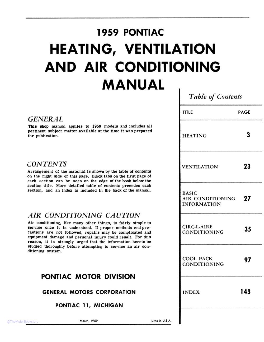 1959 Pontiac HVAC Manual  - Table of Contents