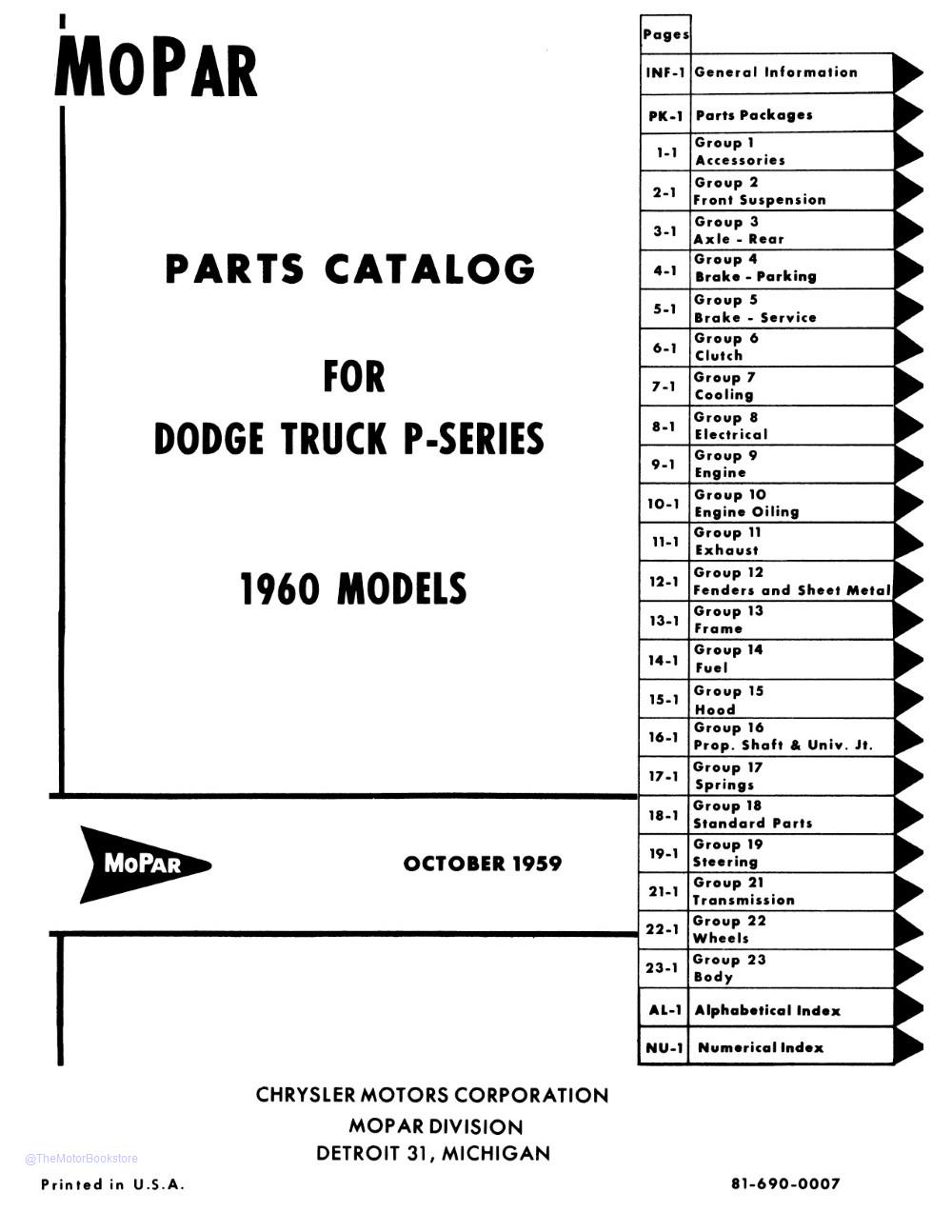 1960 Dodge Truck P-Series Parts Catalog Book  - Table of Contents