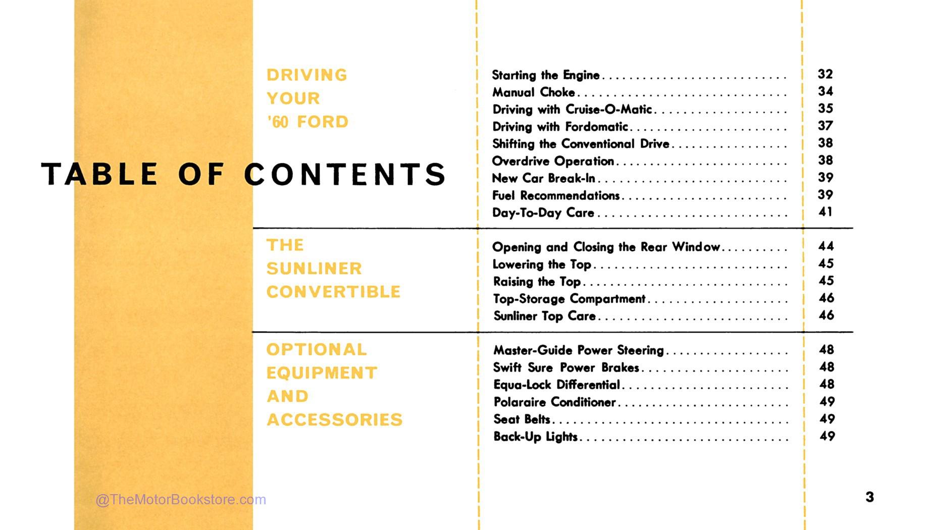 1960 Ford Owner's Manual - Table of Contents